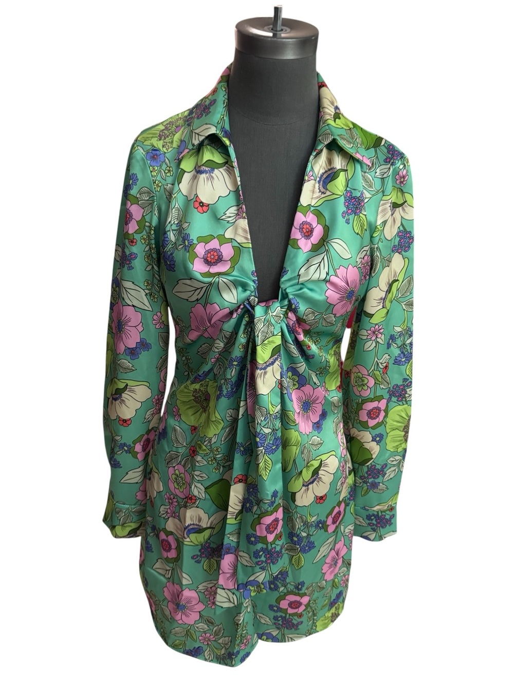 NWT Zara Satin Floral Tie Front Mini Dress Green Size M - Picture 3 of 14